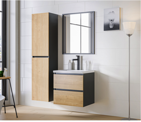 Seturi mobilier baie - SET MOBILIER BAIE MODERN SUSPENDAT MONAKO 60 CM STEJAR/GRI GRAFIT, oglindă Alice 80 cm
