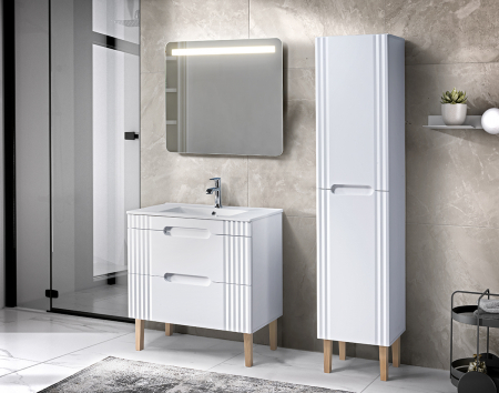 Seturi mobilier baie - Set mobilier baie pe picioare 80 cm + dulap si oglinda LED Fiji White - Comad