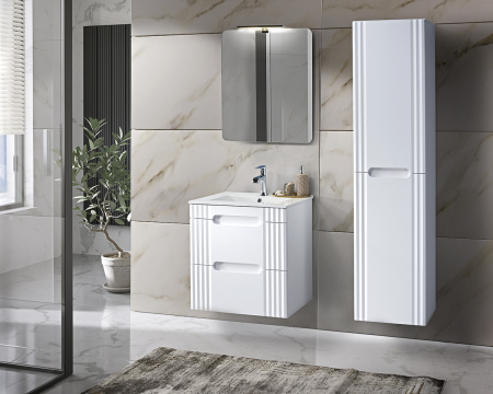 Seturi mobilier baie - Set mobilier baie pe picioare 60 cm, lavoar incastrat + dulap si oglinda LED Fiji White - Comad