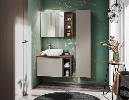 Seturi mobilier baie - SET MOBILIER BAIE SUSPENDAT SANTA FE TAUPE 80 CM, GRI LUT LUCIOS, CU EXTENSIE MASCA LAVOAR SI EXTENSIE DULAPIOR OGLINDA