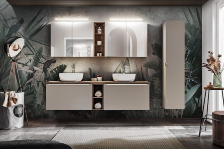 Seturi mobilier baie - SET MOBILIER BAIE SUSPENDAT SANTA FE TAUPE 180 CM, GRI LUT LUCIOS, EXTENSIE MASCA LAVOAR + EXTENSIE DULAP OGLINDA