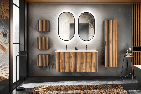 Seturi mobilier baie - SET MOBILIER BAIE XILO 120 CM, MDF RIFLAT, CULOARE STEJAR CU INSERTII NEGRE, LAVOAR INCASTRAT