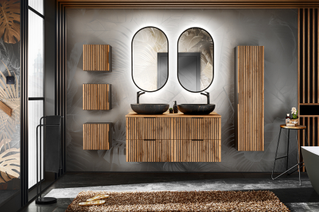 Seturi mobilier baie - SET MOBILIER BAIE XILO 120 CM, MDF RIFLAT, CULOARE STEJAR CU INSERTII NEGRE, LAVOARE APLICATE