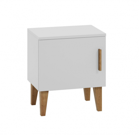 Set mobilier dormitor alb Kubi 2 piese, pat 200x90 cm si noptiera, design scandinav, insertii lemn masiv stejar [3]