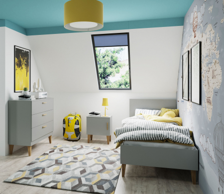 Seturi mobilier dormitor - Set mobilier dormitor gri Kubi, 3 piese, design scandinav - pat 200x90 cm si noptiera, comoda cu sertare