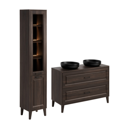 Produse - Set Mobilier Dorothy Ristretto 120 cm, cu Blat, 2 Lavoare de Blat River și Coloană Înaltă, Ristretto Stejar - COMAD