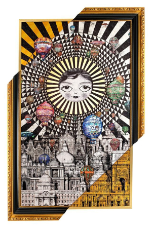 Produse - Tablou Decorativ Balloons 160x6x260 cm, Hârtie Artistică și Lemn de Pin Alb-Negru cu Accente Colorate Negru-Auriu - Kare Design