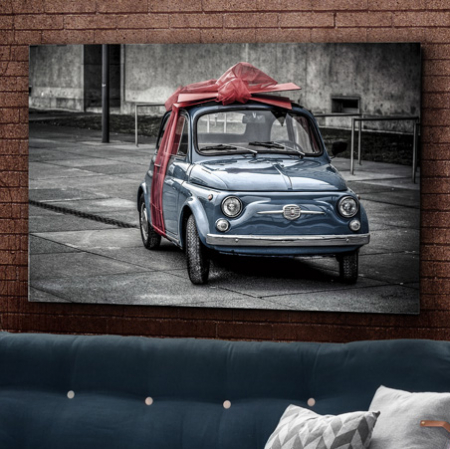Tablouri pe sticla securizata - Tablou decorativ print pe sticla securizata Gift 120x80 cm masina epoca cu fundita, 936750 - Schuller
