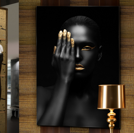 Tablouri pe sticla securizata - Tablou decorativ print pe sticla securizata Oronegro 80x120 cm femeie negru cu auriu, 978153 - Schuller