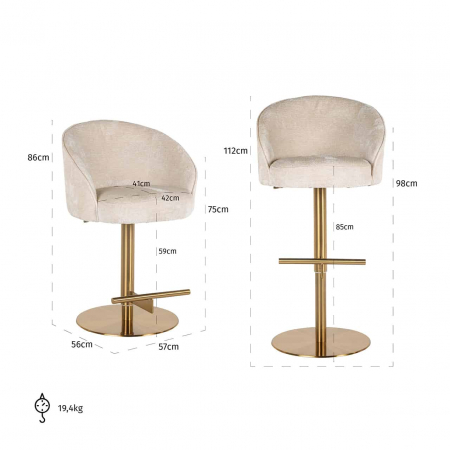 Taburet de bar Zabi pivotant chenil alb (Bergen 900 chenil alb), S4554 WHITE CHENILLE - Richmond Interiors [4]
