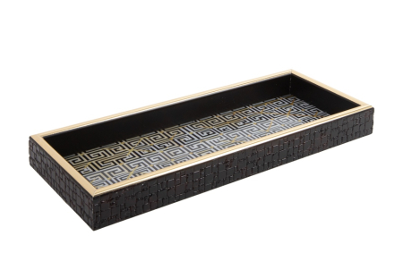 Produse - Tava Decorativă Alice 11x3x28 cm, Sticlă Alb și Negru Auriu - SHP