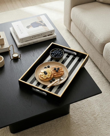 Tavă Decorativă Grand 25x4,5x38 cm, Plastic și Sticlă Alb-Negru; Accente Aurii - SHP [6]