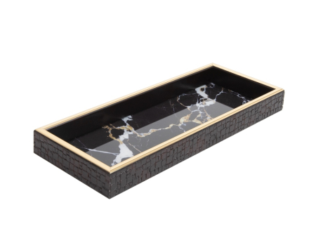 Produse - Tavă Decorativă Marble 10,9x27,9x3 cm, Sticlă și Plastic Alb; Auriu; Negru - SHP