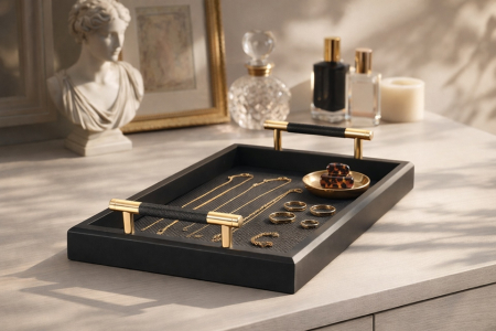Tavă Decorativă Porto 35,5x21x6,5 cm, MDF și Piele Ecologică Negru - SHP [4]