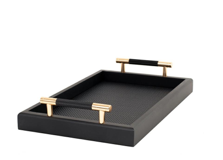 Produse - Tavă Decorativă Porto 35,5x21x6,5 cm, MDF și Piele Ecologică Negru - SHP