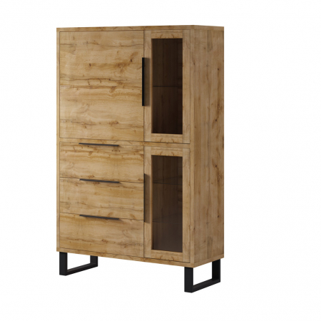 Dulapuri living - Vitrina lata lemn stejar 120 cm Ottomar cu trei sertare si o usa, picioare metal negru, stil industrial