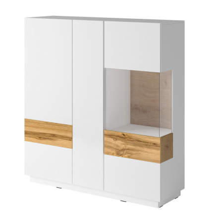 Dulapuri living - Vitrina living alb lucios Arya 130x140 cm, alb/stejar wotan, iluminare LED