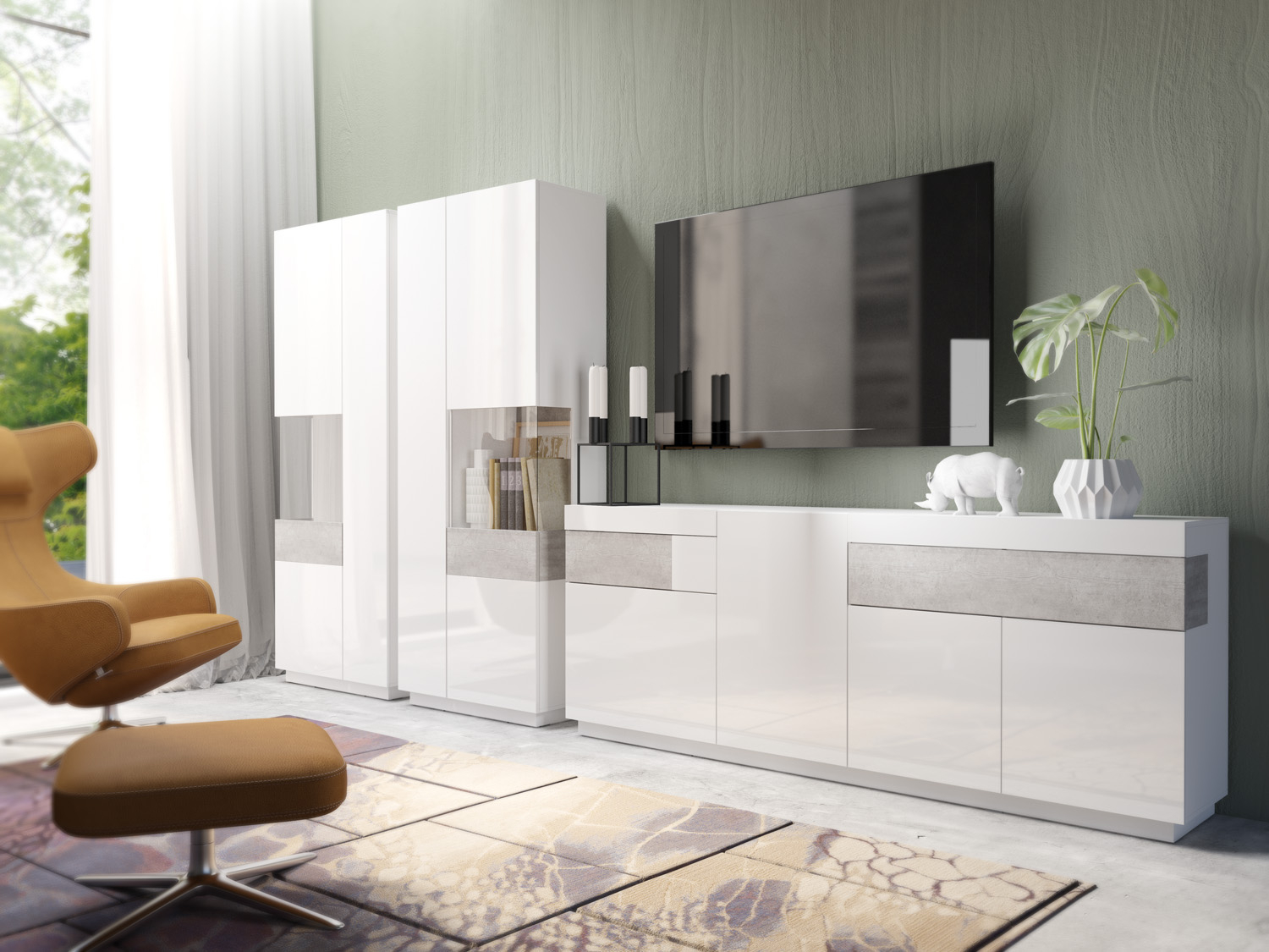 extensiv Definitiv suspenda  Set mobilier living modern Arya, 3 piese, alb lucios/beton colorado