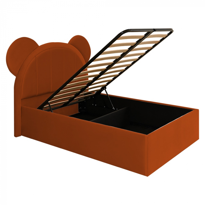Pat pentru copii tapitat Mickey 100/200 cm,caramiziu cu somiera metalica rabatabila si spatiu de depozitare - mobila Jaky [4]