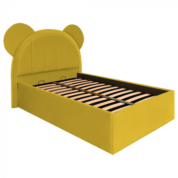 at pentru copii tapitat Mickey 100/200 cm,galben mustar   cu somiera metalica rabatabila si spatiu de depozitare [3]