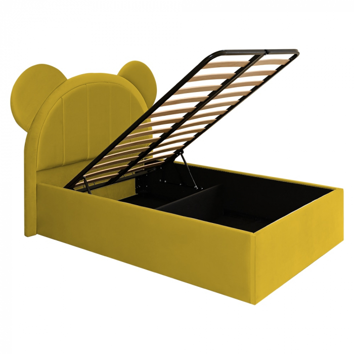 at pentru copii tapitat Mickey 100/200 cm,galben mustar   cu somiera metalica rabatabila si spatiu de depozitare [4]