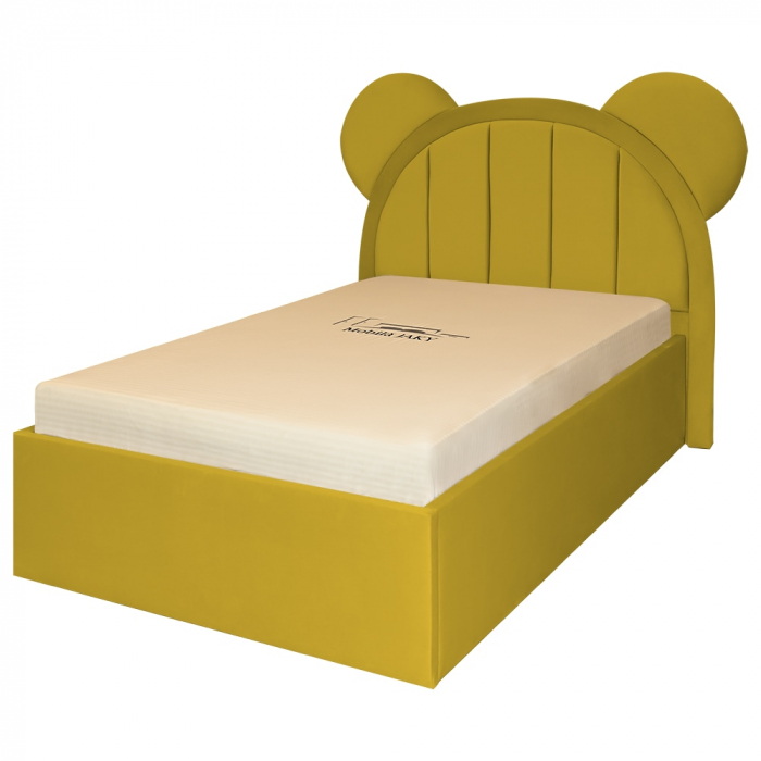 at pentru copii tapitat Mickey 100/200 cm,galben mustar   cu somiera metalica rabatabila si spatiu de depozitare [2]