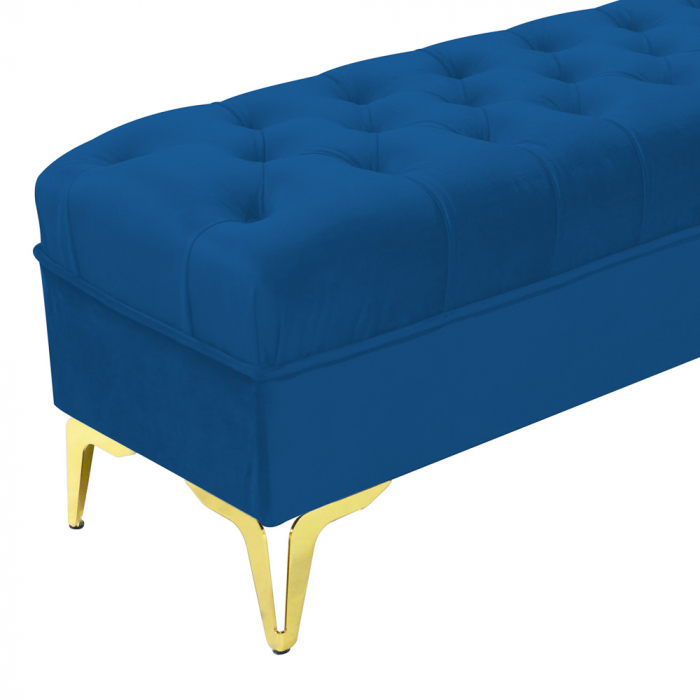 Bancheta tapitata catifea albastru cu picioare aurii, 120*30*55 cm [5]