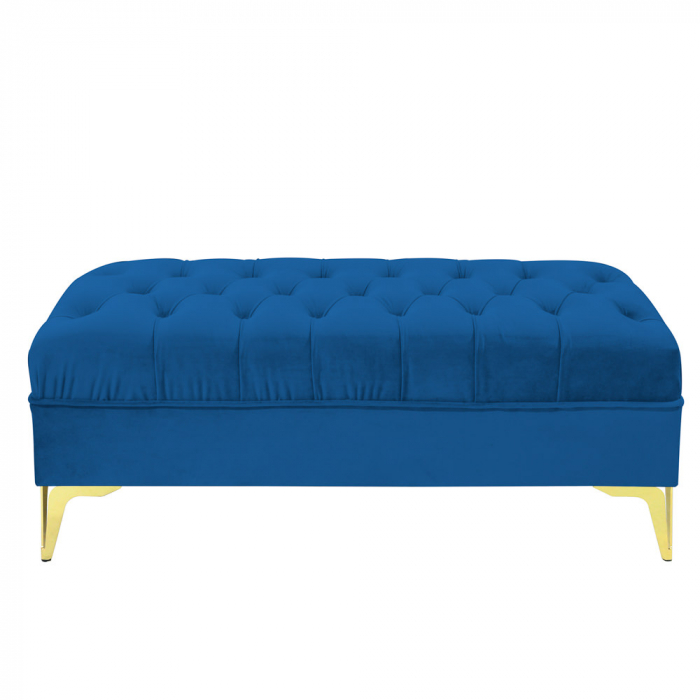 Bancheta tapitata catifea albastru cu picioare aurii, 120*30*55 cm [3]