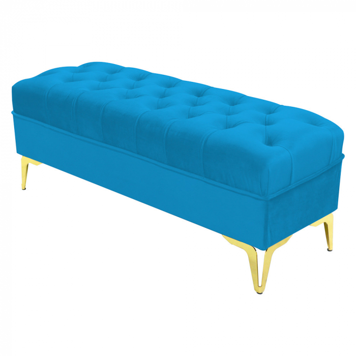 Bancheta tapitata catifea albastru deschis cu picioare aurii, 120*30*55 cm [2]