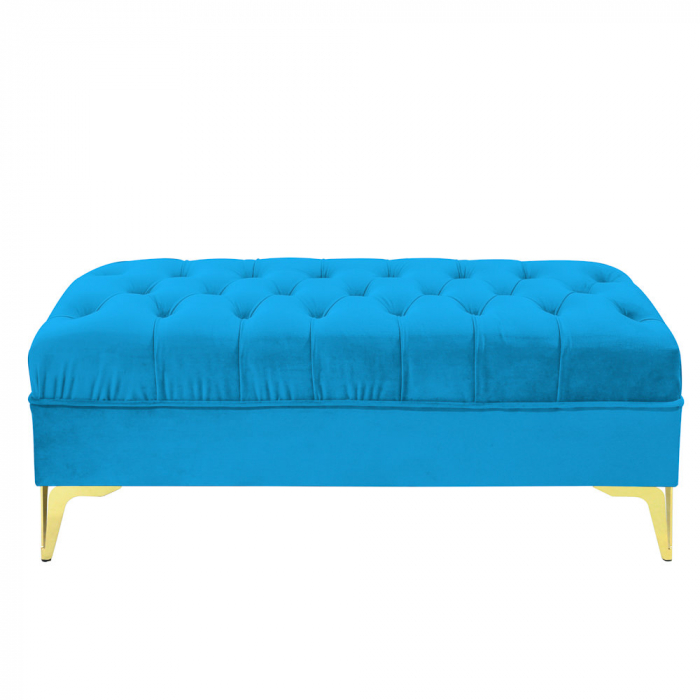 Bancheta tapitata catifea albastru deschis cu picioare aurii, 120*30*55 cm [3]