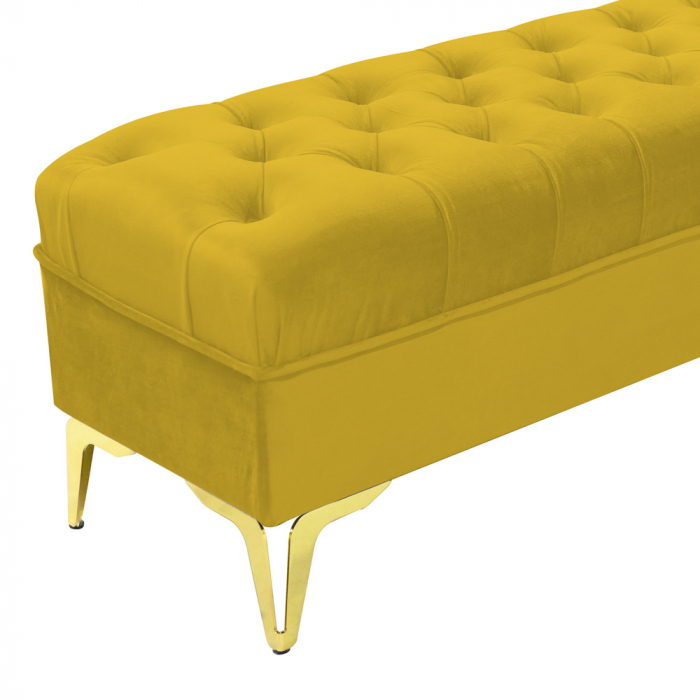 Bancheta tapitata catifea galben mustar cu picioare aurii, 120*30*55 cm [5]