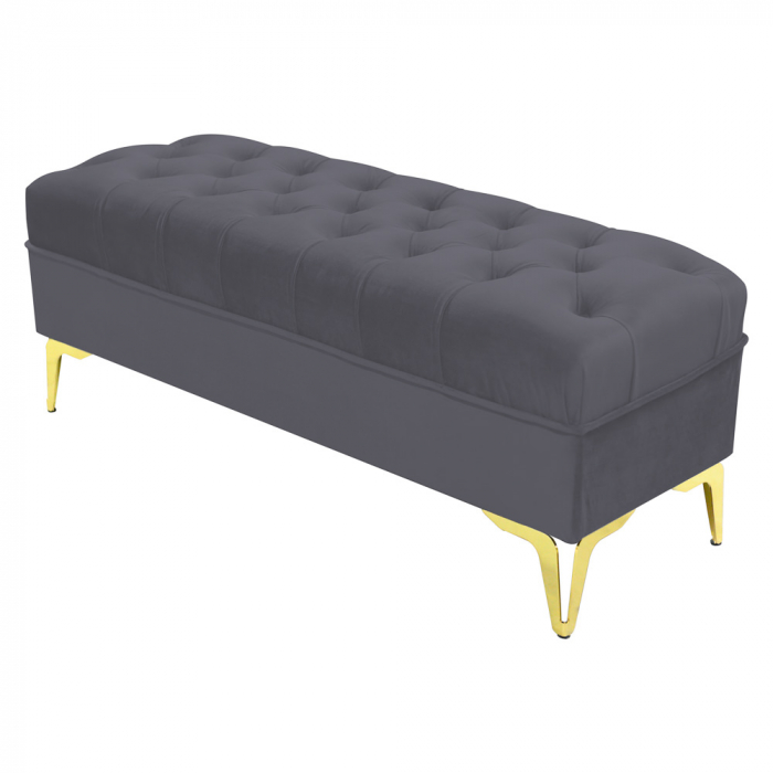 Bancheta tapitata catifea gri inchis cu picioare aurii, 120*30*55 cm [2]