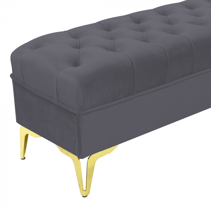 Bancheta tapitata catifea gri inchis cu picioare aurii, 120*30*55 cm [5]