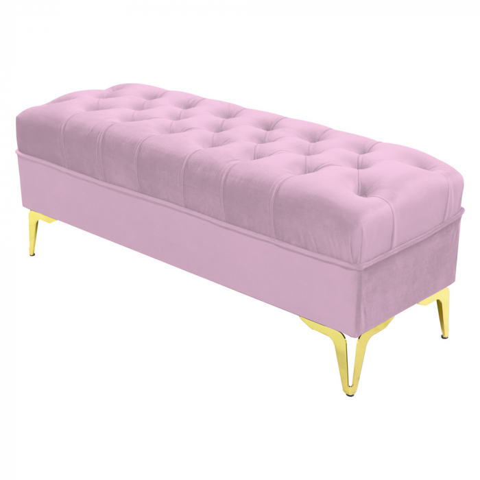 Bancheta tapitata catifea roz cu picioare aurii, 120*30*55 cm [2]