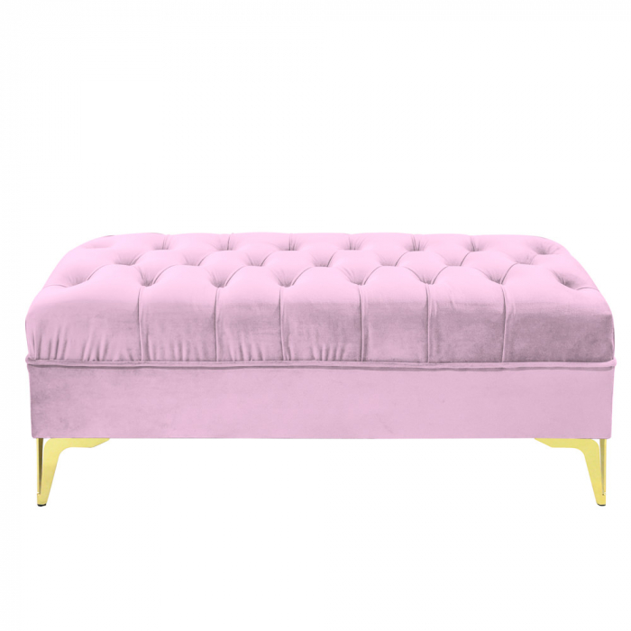 Bancheta tapitata catifea roz cu picioare aurii, 120*30*55 cm [3]