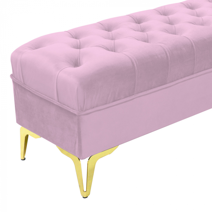 Bancheta tapitata catifea roz cu picioare aurii, 120*30*55 cm [5]