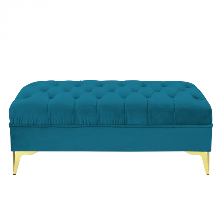 Bancheta tapitata catifea turcoaz cu picioare aurii, 120*30*55 cm [3]