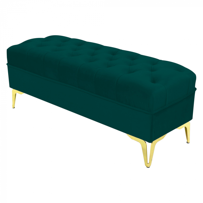 Bancheta tapitata catifea verde cu picioare aurii, 120*30*55 cm [2]