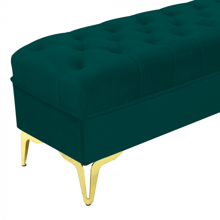 Bancheta tapitata catifea verde cu picioare aurii, 120*30*55 cm [5]