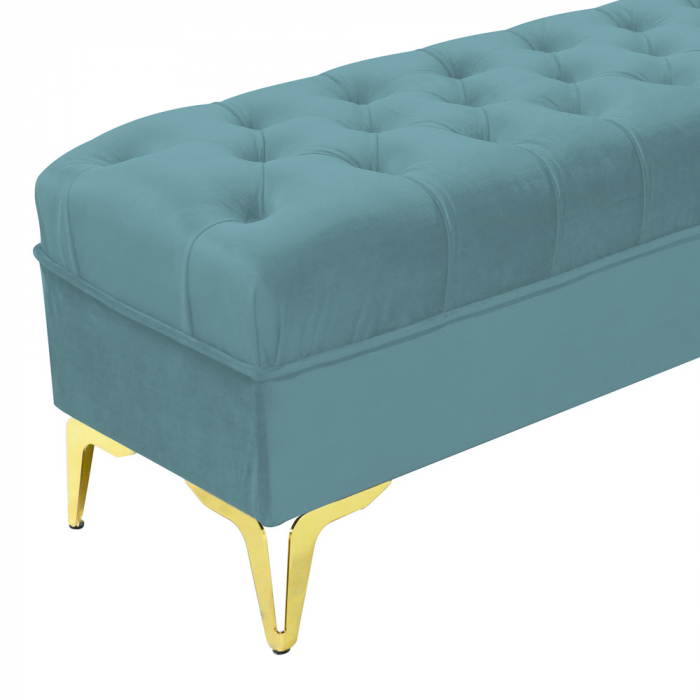 Bancheta tapitata catifea verde marin cu picioare aurii, 120*30*55 cm [5]