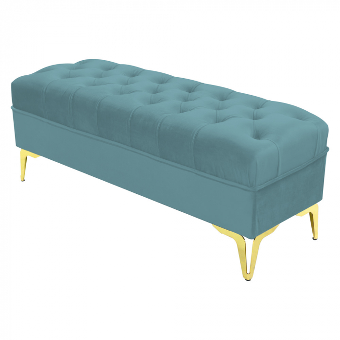 Bancheta tapitata catifea verde marin cu picioare aurii, 120*30*55 cm [2]