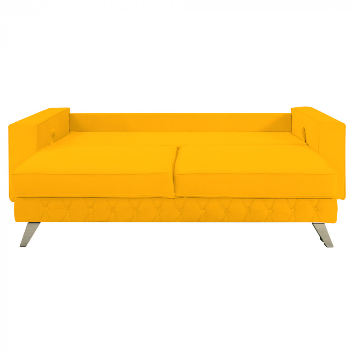 Canapea Alisson catifea v48 galben mustar, extensibila cu lada de depozitare si picioare argintii, 230x105x80 [5]