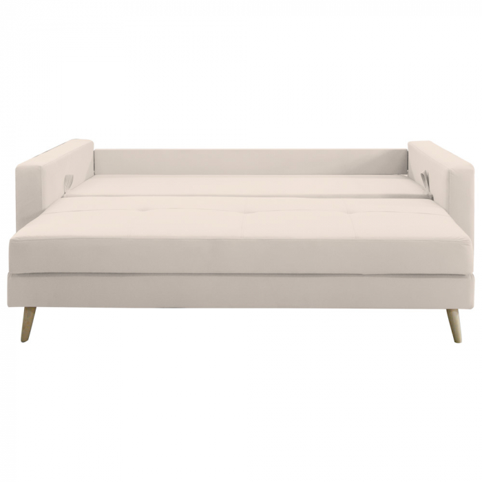 Canapea extensibila Sofia, cu lada de depozitare si picioare de lemn, catifea v08 crem, 220x90x80 [4]