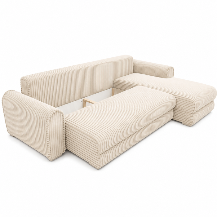 Coltar extensibil LINEA MINI dreapta, cu lada de depozitare, 285*160*100 cm, stofă raiată pufoasă  crem [4]