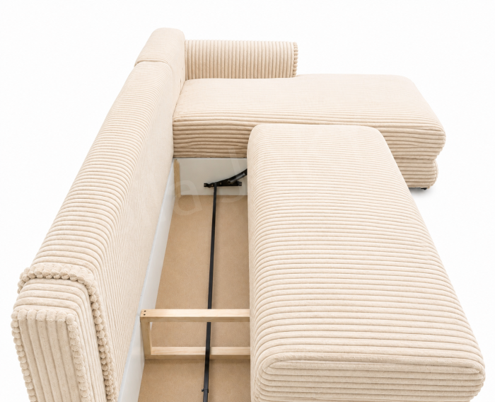 Coltar extensibil LINEA MINI dreapta, cu lada de depozitare, 285*160*100 cm, stofă raiată pufoasă  crem [3]