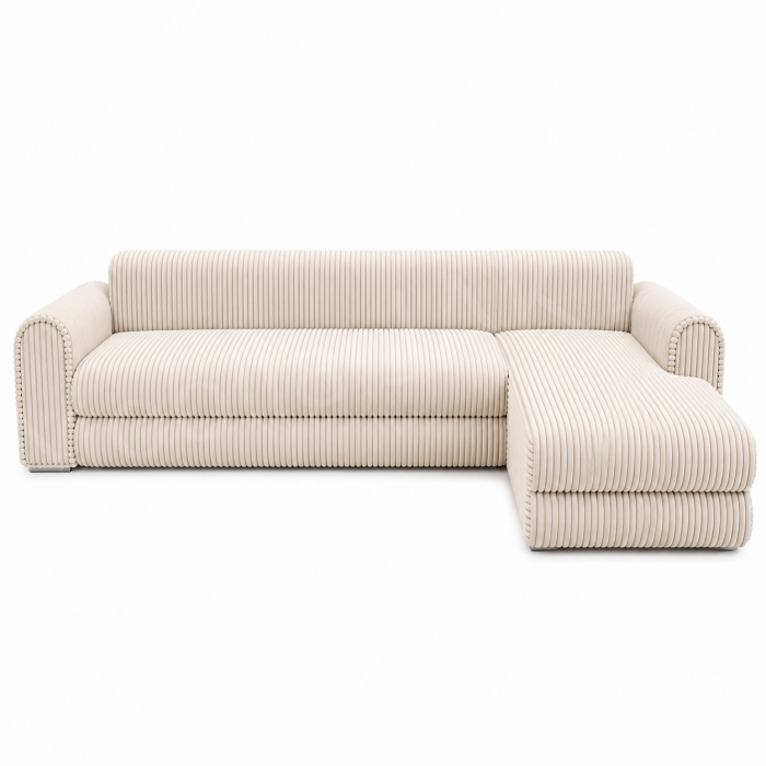 Coltar extensibil LINEA MINI dreapta, cu lada de depozitare, 285*160*100 cm, stofă raiată pufoasă  crem [2]