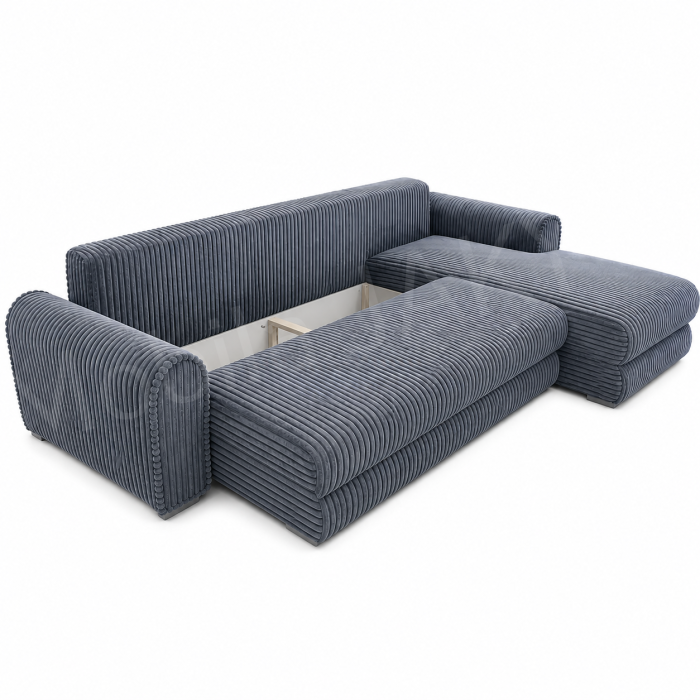 Coltar extensibil LINEA MINI dreapta, cu lada de depozitare, 285*160*100 cm, stofă raiată pufoasă gri [2]