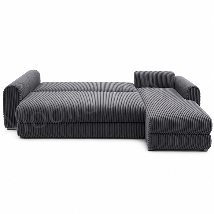 Coltar extensibil LINEA MINI dreapta, cu lada de depozitare, 285*160*100 cm, stofă raiată pufoasă gri [4]