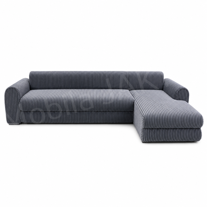 Coltar extensibil LINEA MINI dreapta, cu lada de depozitare, 285*160*100 cm, stofă raiată pufoasă gri [3]