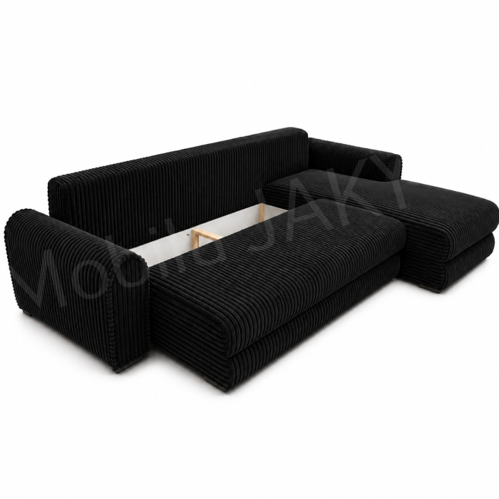 Coltar extensibil LINEA MINI dreapta, cu lada de depozitare, 285*160*100 cm, stofă raiată pufoasă neagra [3]